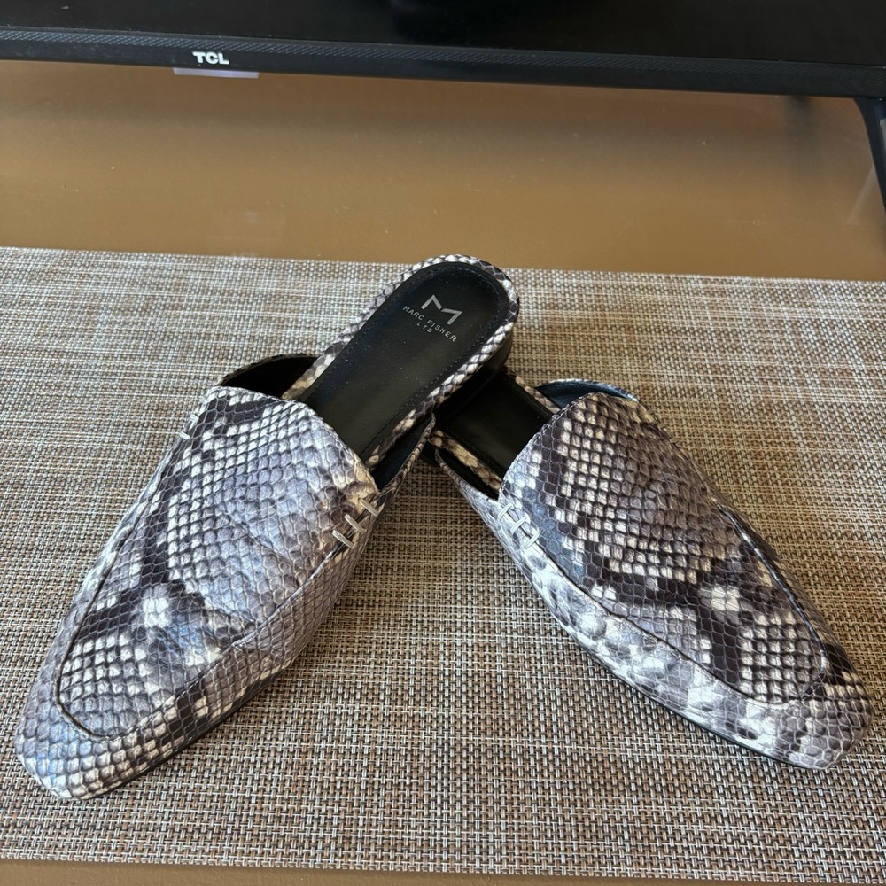 Marc Fisher Black and Gray Snakeskin Mules